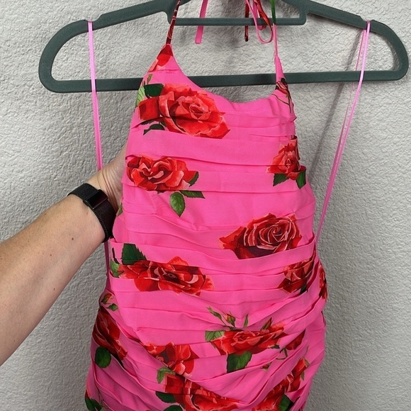 New Saulee Sonia Ruched Backless Floral Halter Mini Dress Pink Rose Sz 10 - Picture 5 of 16